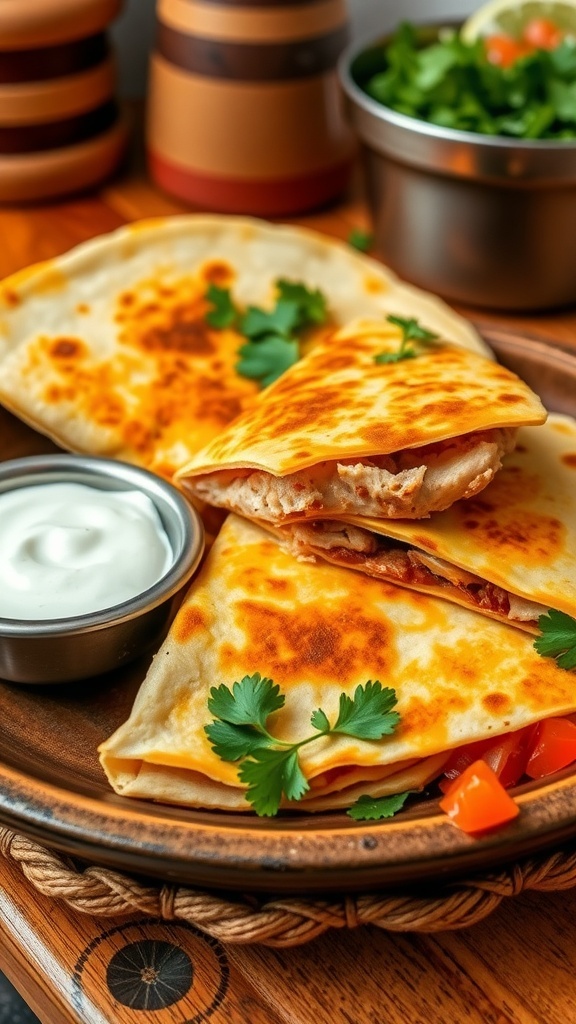 A crispy quesadilla filled with cheese and chicken, served with sour cream and salsa on a rustic plate.